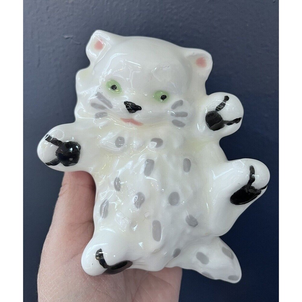 Vintage Cat Figurine Ceramic Laying Playing Kitten Animal Decor White Handpaint